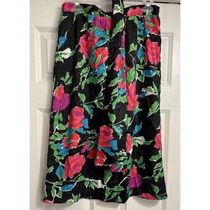 Vtg 80s Anthony Sicari Small Bright Abstact Floral Satin Midi Skirt Belt Sash